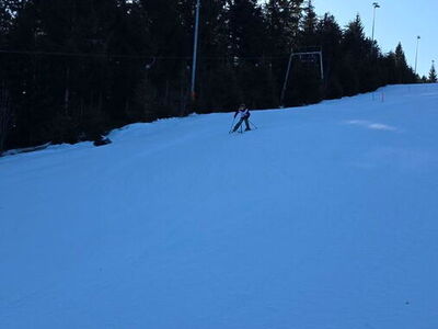 Ein Schüler fährt auf Skiern den Hang hinab