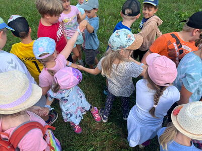 Schulkinder tummeln sich auf einer Wiese