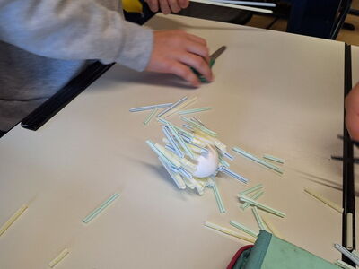 Ein Bastelobjekt aus einer Kugel und bunten Strohhalmen